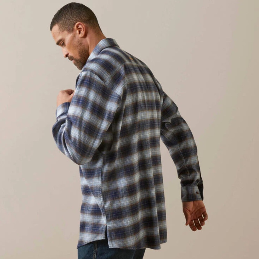 Mens Ariat rebar flannel blue and yellow size XL DURA STRETCH BLUE KHAKI PLAID